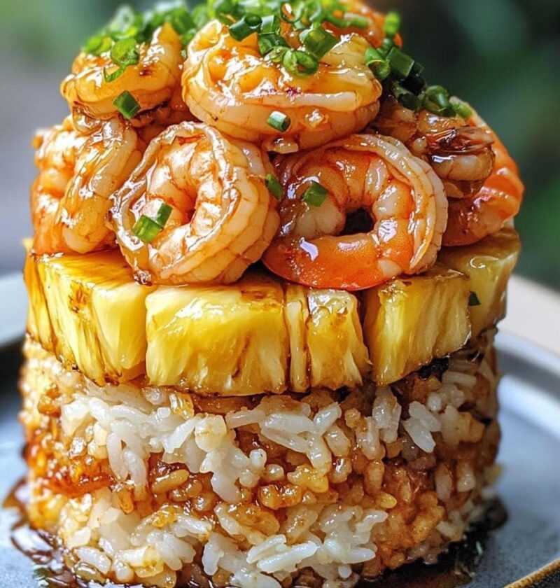 Teriyaki Shrimp and Pineapple Rice Stack