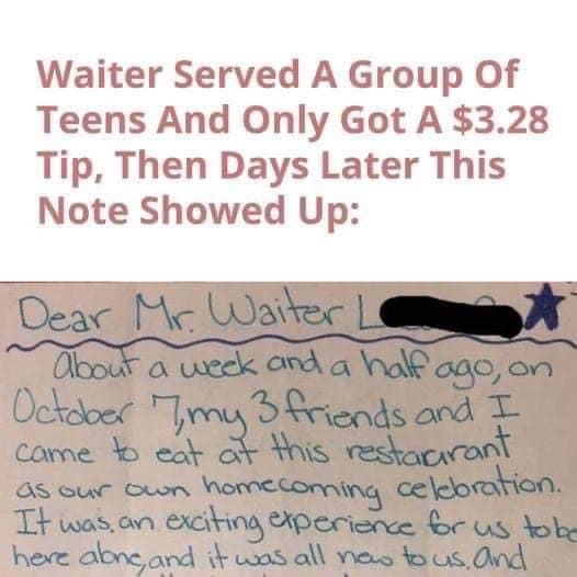 .28 tip irritates the waiter. When an unexpected letter arrives days later, eyes widen.