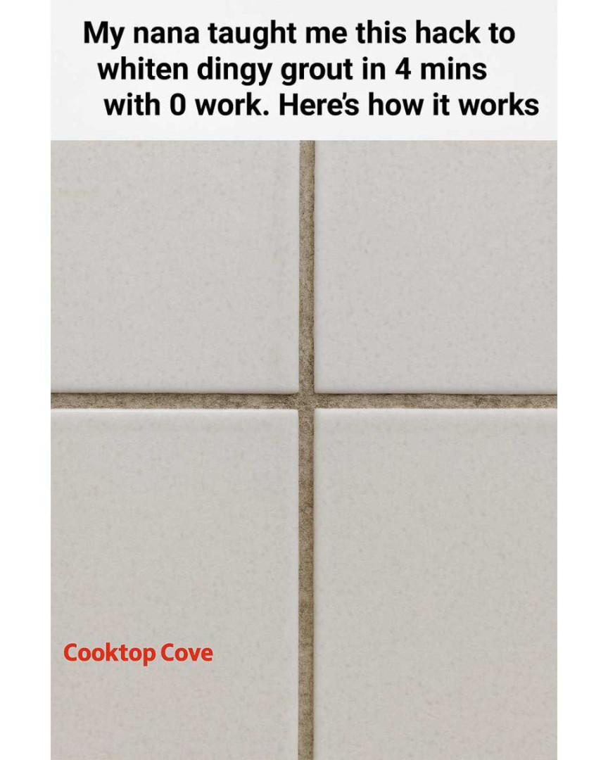 My nana taught me this hack to whiten dingy grout in 4 mins with 0 work. Here’s how it works
