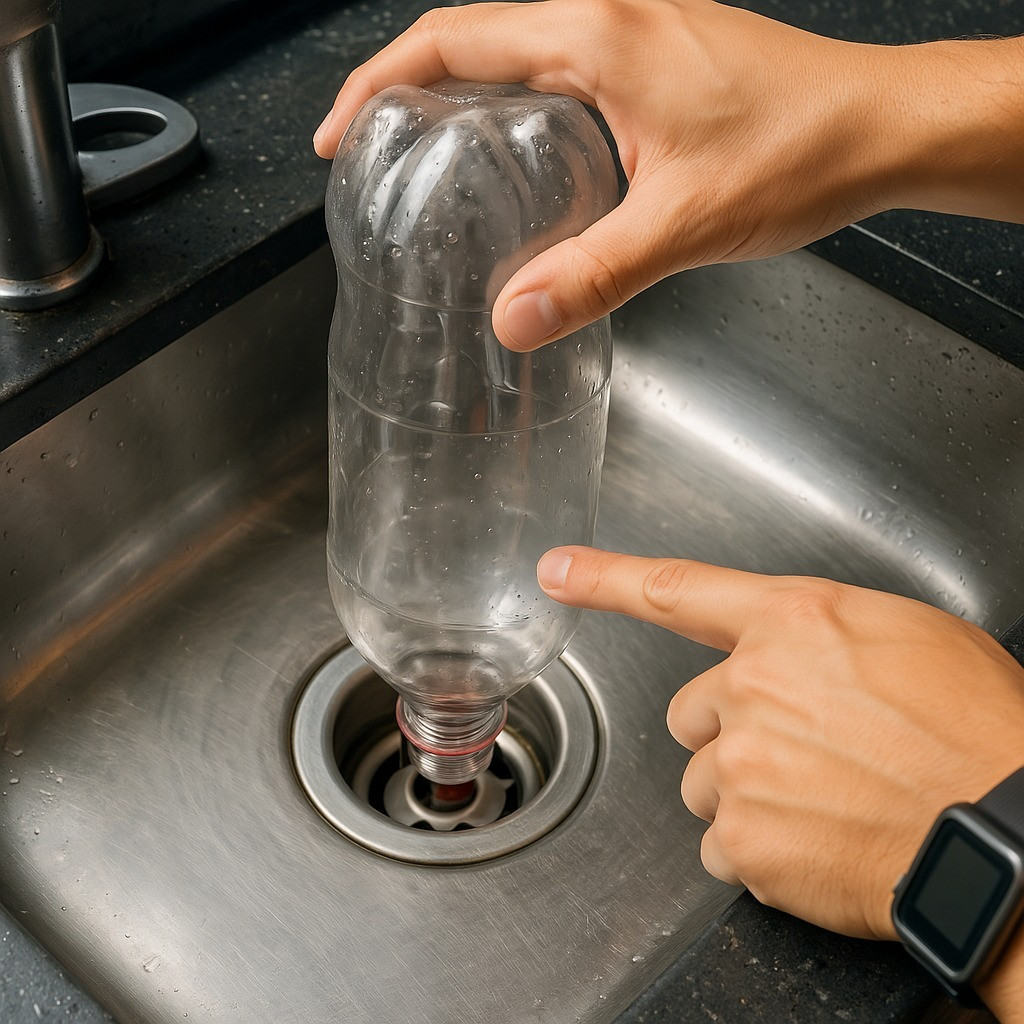 Placing a bottle upside down in the sink drain: a clever trick