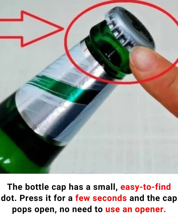The bottle cap has a small, easy-to-find dot. Press it for a few seconds and the cap pops open, no need to use an opener. Check 1st comment for more
