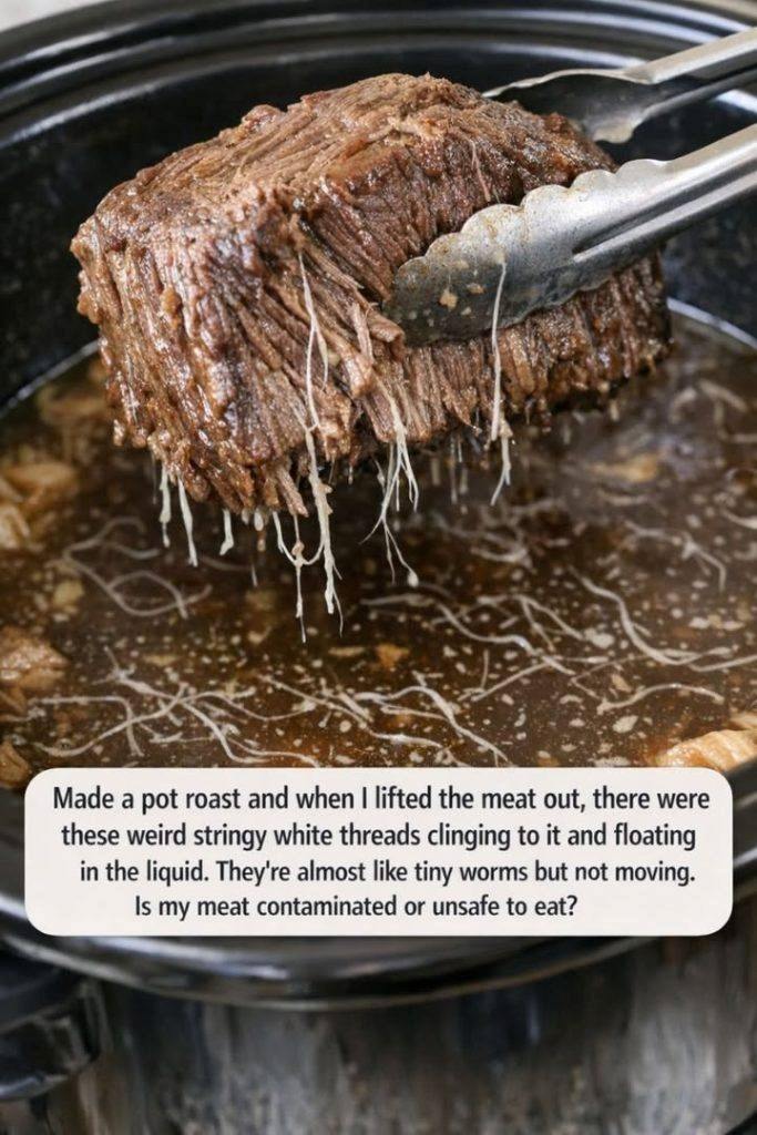 Made a pot roast and when I lifted the meat out, there were these weird stringy white threads clinging to it and floating in the liquid. They’re almost like tiny worms but not moving. Is my meat conta
